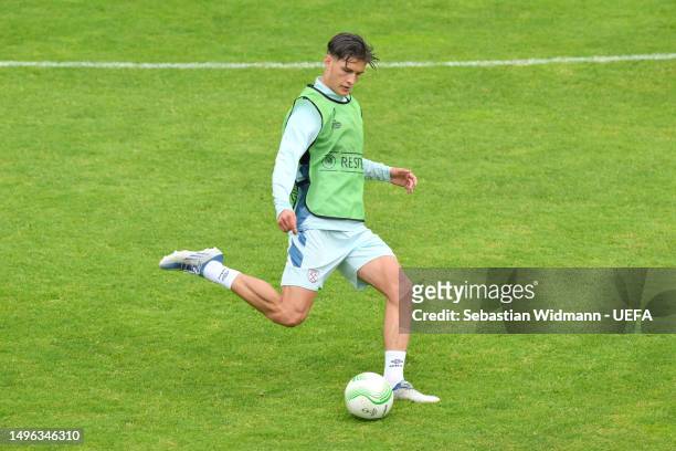 Freddie Potts of West Ham United in action during a West Ham United Training Session prior to the UEFA Europa Conference League 2022/23 final match...
