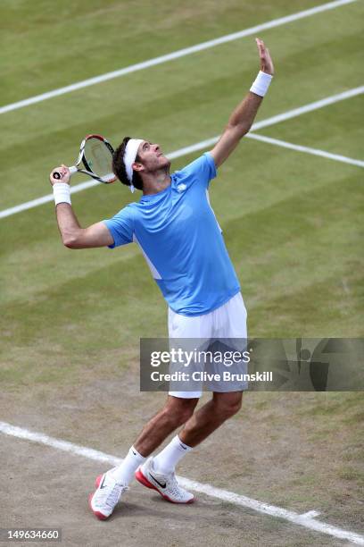 Juan Martin Del Potro of Argentina serves the ball against Gilles Simon of France during the third round of Men's Singles Tennis on Day 5 of the...