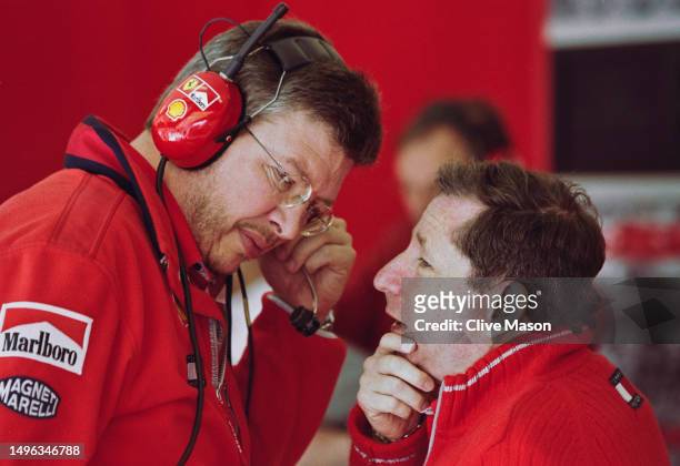 Ross Brawn, Technical Director for the Scuderia Ferrari Marlboro Team in discussion with Team Principal Jean Todt during the Formula One Spanish...