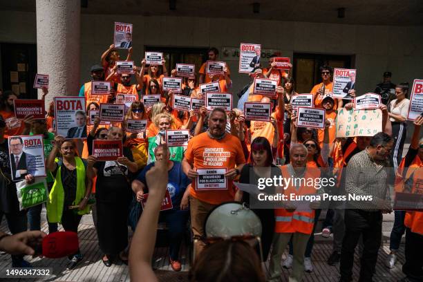 Madrid tenants protest against Blackstone's evictions, in front of the Alcorcon courts, on June 6 in Alcorcon, Madrid, Spain. More than 40 Madrid...