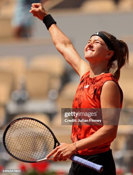 Karolina Muchova of Czech Republic celebrates winning match point against Anastasia Pavlyuchenkova during the Women's Singles Quarter Final match on...