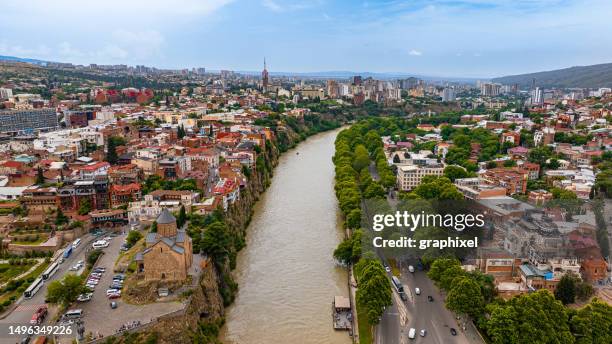 aerial view of tbilisi city of georgia - tbilisi river kura stock pictures, royalty-free photos & images