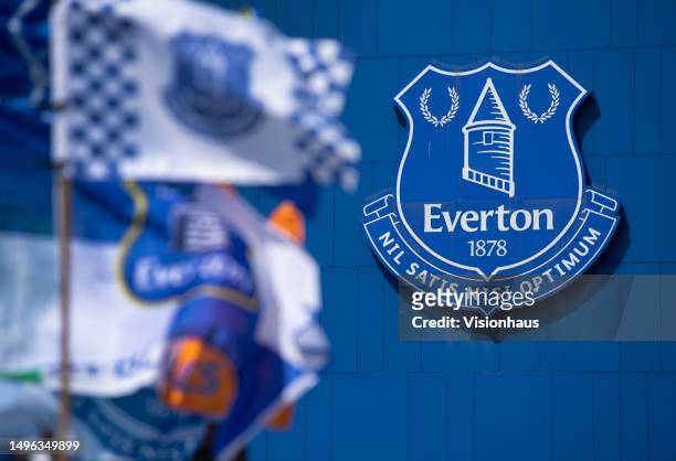 The Everton badge with flags before the Premier League match between Everton FC and AFC Bournemouth at Goodison Park on May 28, 2023 in Liverpool,...