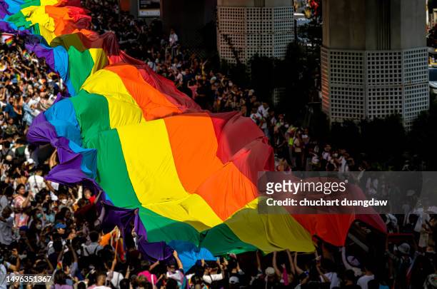 group of people celebrating pride month and parade-people marching with the rainbow lgbtqi flag - lgbtqia pride event stock-fotos und bilder