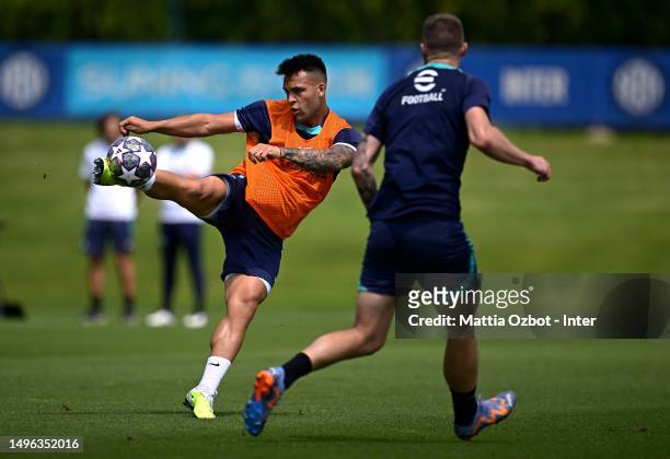 Lautaro Martinez of FC Internazionale in action during the FC Internazionale training session at the club's training ground Suning Training Center at...