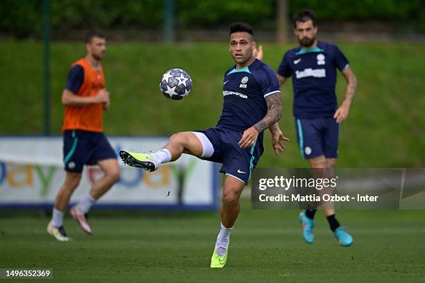 Lautaro Martinez of FC Internazionale in action during the FC Internazionale training session at the club's training ground Suning Training Center at...