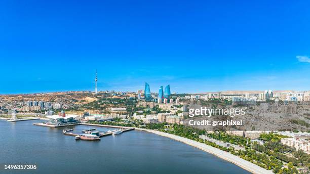 aerial skyline of baku, azerbaijan - baku skyline stock pictures, royalty-free photos & images