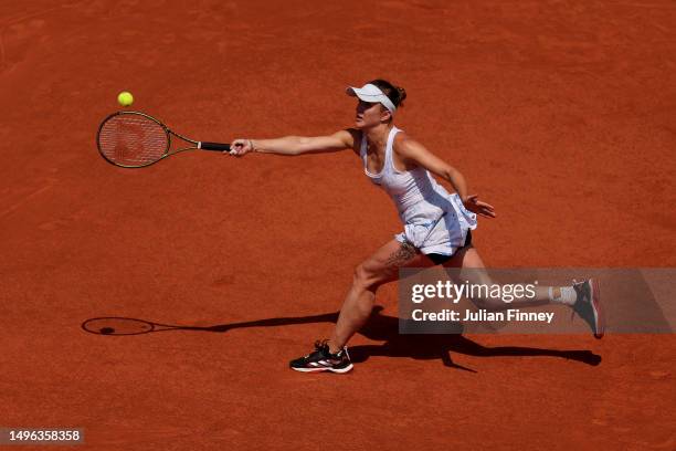 Elina Svitolina of Ukraine plays a forehand against Aryna Sabalenka during the Women's Singles Quarter Final match on Day Ten of the 2023 French Open...