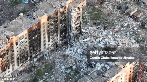 In an aerial view, destruction in the city of Bakhmut can be seen after hostilities on June 1, 2023 in Bakhmut, Ukraine. Bakhmut and its surroundings...
