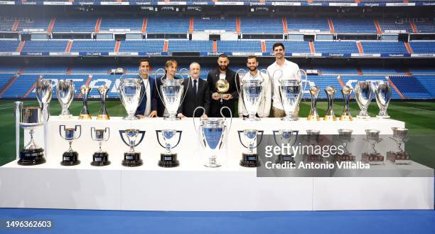 Karim Benzema and his former teammates and Florentino Perez at Real Madrid Tribute and Farewell to Karim Benzema at Valdebebas on June 06, 2023 in...