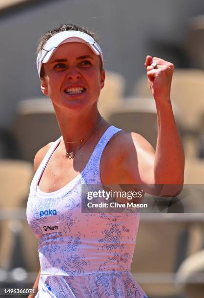 Elina Svitolina of Ukraine celebrates a point against Aryna Sabalenka during the Women's Singles Quarter Final match on Day Ten of the 2023 French...