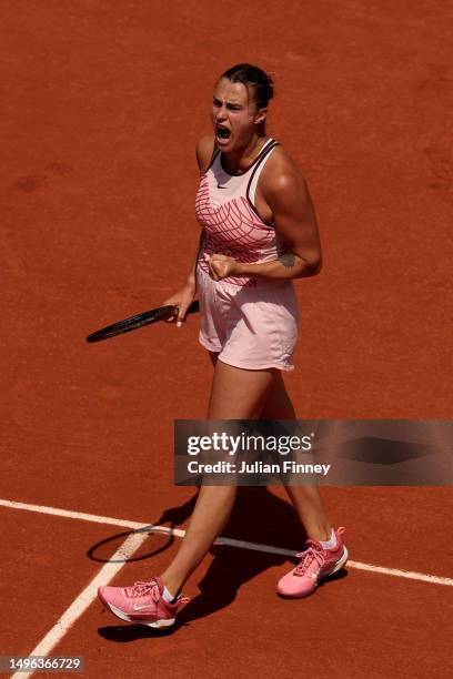 Aryna Sabalenka celebrates a point against Elina Svitolina of Ukraine during the Women's Singles Quarter Final match on Day Ten of the 2023 French...