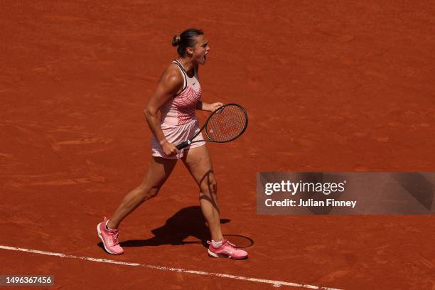 Aryna Sabalenka celebrates a point against Elina Svitolina of Ukraine during the Women's Singles Quarter Final match on Day Ten of the 2023 French...