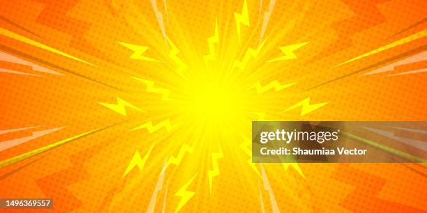 illustrazioni stock, clip art, cartoni animati e icone di tendenza di i raggi del sole arancione e giallo esplodono con fulmini e disegno di sfondo astratto mezzetinte punteggiato - musicista di musica pop