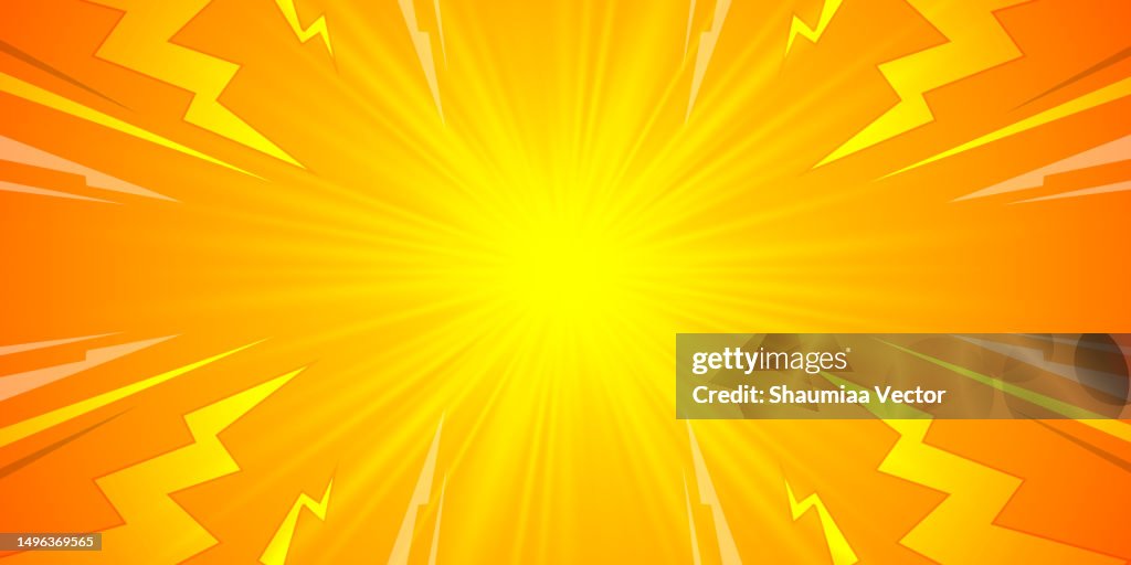 Les rayons du soleil orange et jaune éclatent avec des éclairs et un arrière-plan abstrait en demi-teintes pointillées