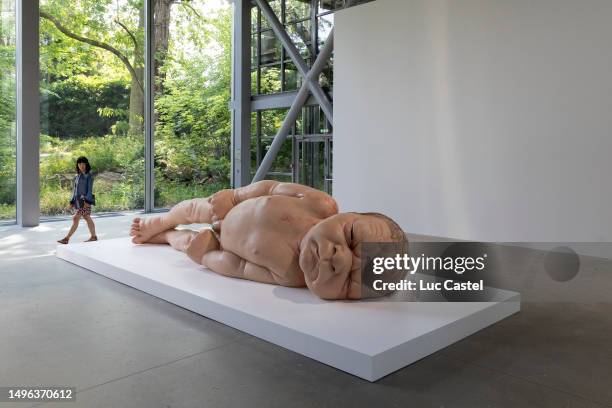 View of the Work A Girl, 2006 of Artist Ron Mueck at Fondation Cartier on June 06, 2023 in Paris, France.