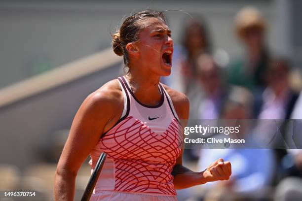 Aryna Sabalenka celebrates a point against Elina Svitolina of Ukraine during the Women's Singles Quarter Final match on Day Ten of the 2023 French...