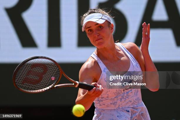 Elina Svitolina of Ukraine plays a forehand against Aryna Sabalenka during the Women's Singles Quarter Final match on Day Ten of the 2023 French Open...