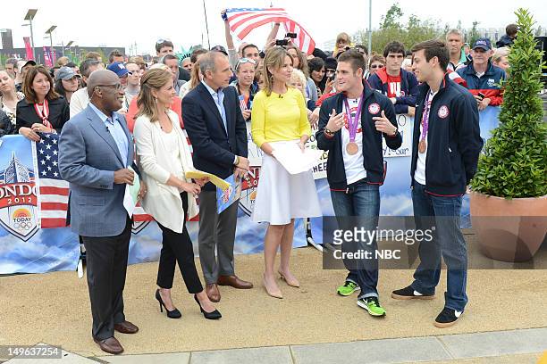 Al Roker, Natalie Morales, Matt Lauer, Savannah Guthrie, David Boudia, Nick McCrory during the 2012 Summer Olympic Games on July 31, 2012 in London,...