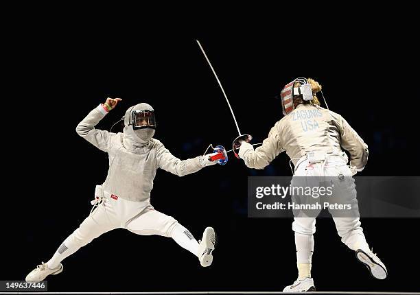 Jiyeon Kim of Korea competes in the Women's Sabre Individual Fencing Semi Final against Mariel Zagunis of the United States on Day 5 of the London...