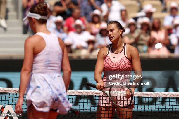 Aryna Sabalenka waits at the net as Elina Svitolina of Ukraine refuses to shake hands after the Women's Singles Quarter Final match on Day Ten of the...