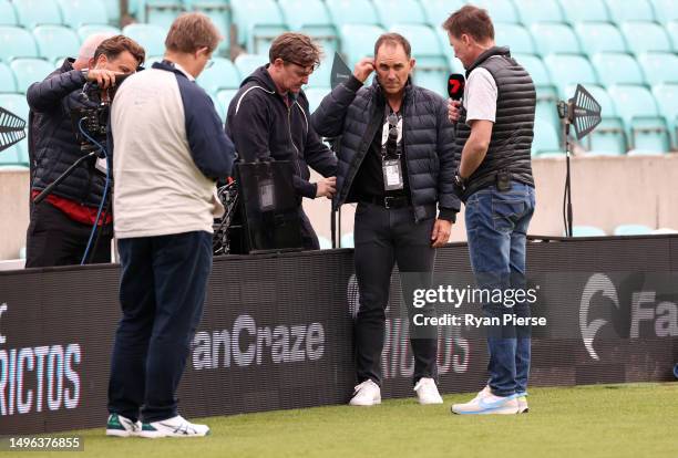 Justin Langer and James Brayshaw look on during prior to the ICC World Test Championship Final 2023 at The Oval on June 06, 2023 in London, England.