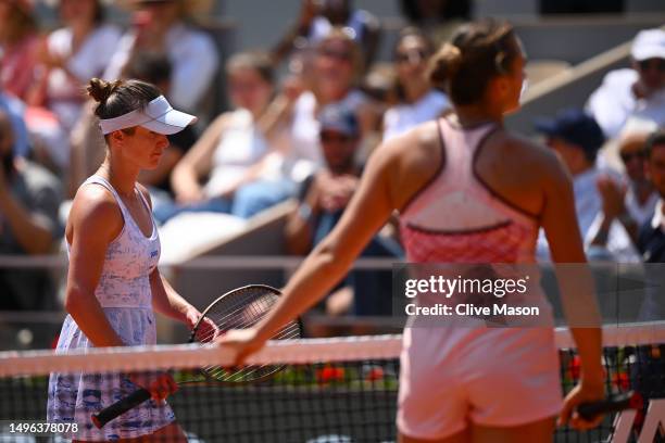 Elina Svitolina of Ukraine refuses to shake hands with Aryna Sabalenka after the Women's Singles Quarter Final match on Day Ten of the 2023 French...