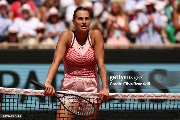 Aryna Sabalenka waits at the net before Elina Svitolina of Ukraine refuses to shake hands after the Women's Singles Quarter Final match on Day Ten of...