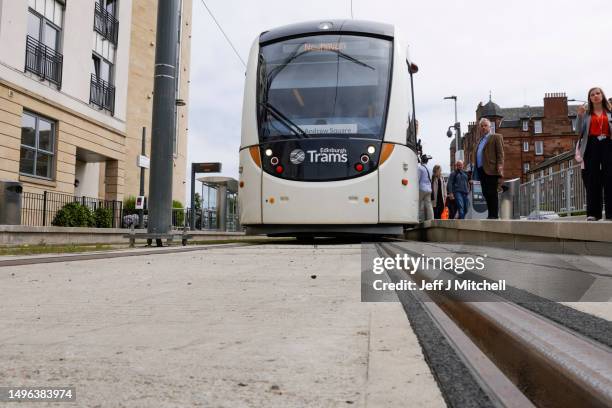 Tram is seen on the eve of passenger services starting on the tram line to Newhaven on June 6, 2023 in Edinburgh, Scotland Services on the new route...
