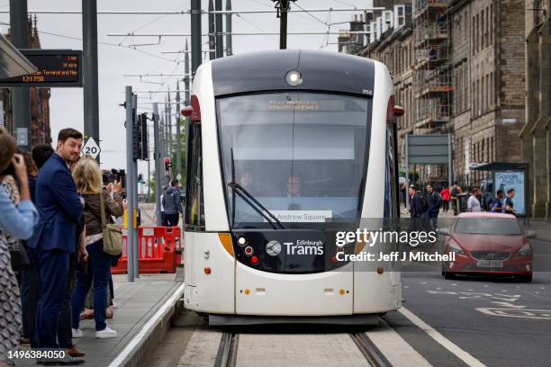 Tram is seen on the eve of passenger services starting on the tram line to Newhaven on June 6, 2023 in Edinburgh, Scotland Services on the new route...