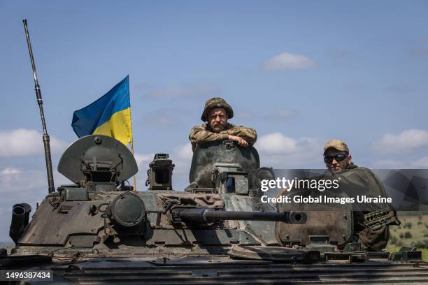 Ukrainian crew of infantry fighting vehicle during military training on May 29, 2023 in Donetsk Oblast, Ukraine. Bakhmut and its surroundings...