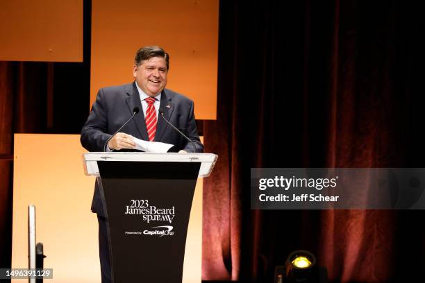 Governor of Illinois, J. B. Pritzker speaks onstage at the 2023 James Beard Restaurant And Chef Awards at Lyric Opera Of Chicago on June 05, 2023 in...