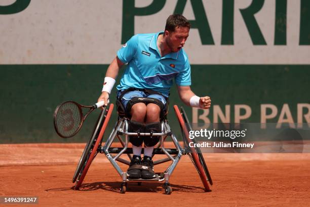 Alfie Hewett of Great Britain celebrates a point against Tom Egberink of Netherland during the Men's Wheelchair Singles First Round match on Day Ten...