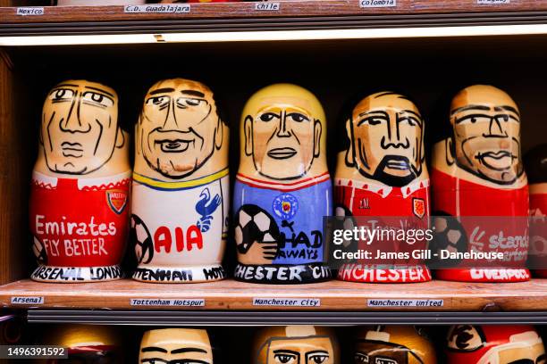 Russian dolls depicting Granit Xhaka of Arsenal, Harry Kane of Tottenham Hotspur, Erling Haaland of Manchester City, Bruno Fernandes of Manchester...