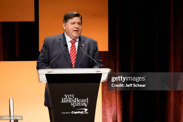 Governor of Illinois, J. B. Pritzker speaks onstage at the 2023 James Beard Restaurant And Chef Awards at Lyric Opera Of Chicago on June 05, 2023 in...