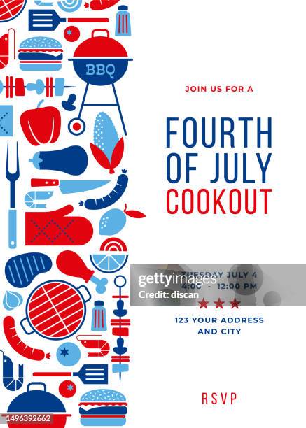 einladungsvorlage für die bbq-party im vierten juli. - bbq stock-grafiken, -clipart, -cartoons und -symbole