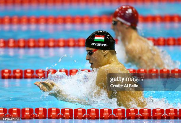 Daniel Gyurta of Hungary leads Michael Jamieson of Great Britain in the Final for the Men's 200m Breaststroke on Day 5 of the London 2012 Olympic...