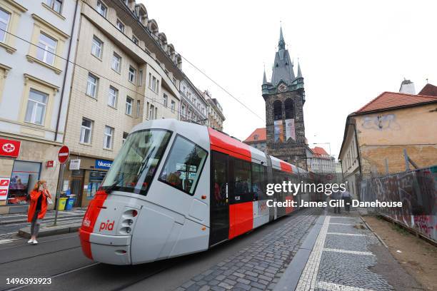 Prague tram is seen by St Henry's Tower prior to the UEFA Europa Conference League 2022/23 final match between ACF Fiorentina and West Ham United FC...