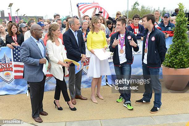 Al Roker, Natalie Morales, Matt Lauer, Savannah Guthrie, David Boudia, Nick McCrory during the 2012 Summer Olympic Games on July 31, 2012 in London,...
