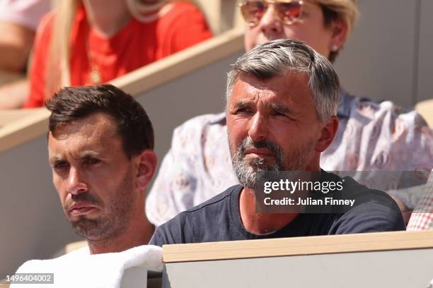 Goran Ivanisevic watches on during the Men's Singles Quarter Final match between Novak Djokovic of Serbia and Karen Khachanov during the Men's...