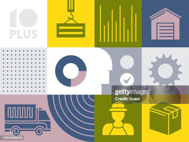 pattern infographic with icons for production - distribution centre construction stock illustrations