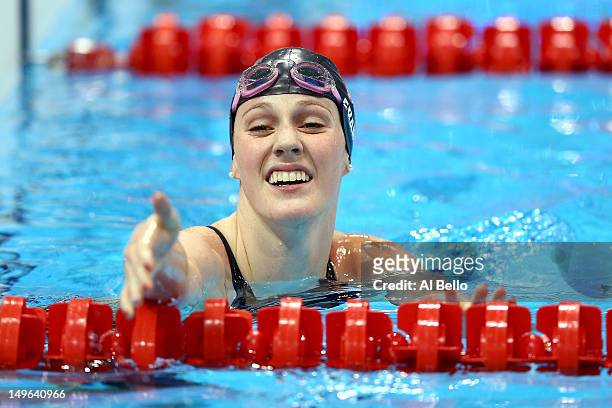 Missy Franklin of the United State reacts after she competed in the second semifinal heat of the Women's 100m Freestyle on Day 5 of the London 2012...