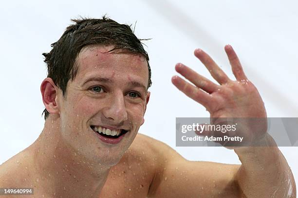 Michael Jamieson of Great Britain waves towards the fans after he finished second in the Final for the Men's 200m Breaststroke on Day 5 of the London...