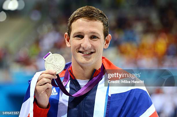 Michael Jamieson of Great Britain celebrates with his silver medal during the medal ceremony for the Men's 200m Breaststroke on Day 5 of the London...