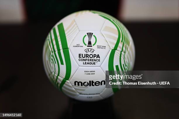 Detailed view of the Molten UEFA Europa Conference League Final match ball during a Press Conference prior to the UEFA Europa Conference League...