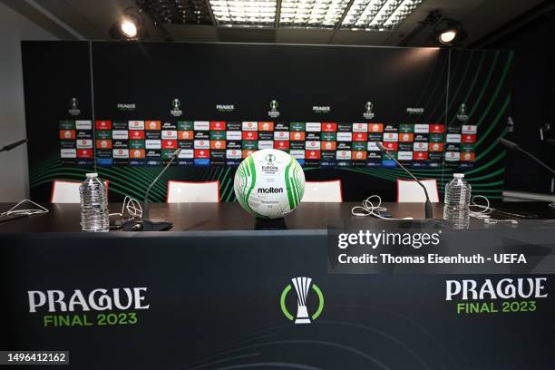 Detailed view of the Molten UEFA Europa Conference League Final match ball during a Press Conference prior to the UEFA Europa Conference League...