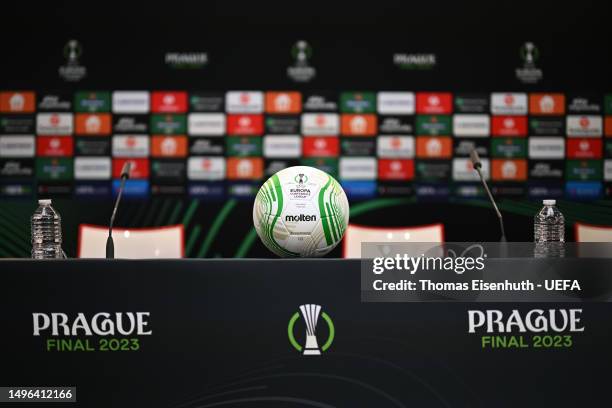 Detailed view of the Molten UEFA Europa Conference League Final match ball during a Press Conference prior to the UEFA Europa Conference League...