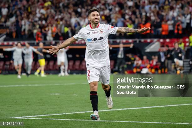 Gonzalo Montiel of Sevilla celebrates victory after the UEFA Europa League 2022/23 final match between Sevilla FC and AS Roma at Puskas Arena on May...