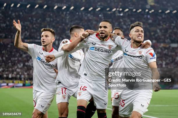 Ivan Rakitic, Erik Lamela, Youssef En-Nesyri and Lucas Ocampos of Sevilla celebrating their team's first goal during the UEFA Europa League 2022/23...