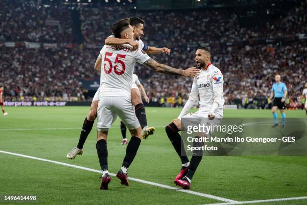Lucas Ocampos, Jesus Navas and Youssef En-Nesyri celebrating their team's first goal during the UEFA Europa League 2022/23 final match between...